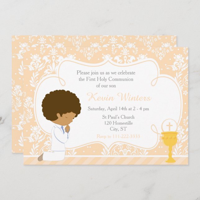 African American Boy First Communion Damask Invitation (Front/Back)