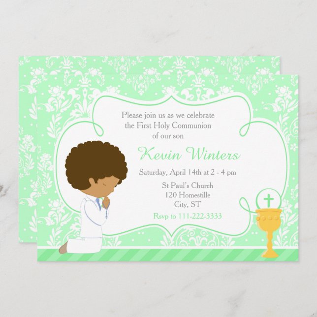 African American Boy First Communion Damask Invitation (Front/Back)