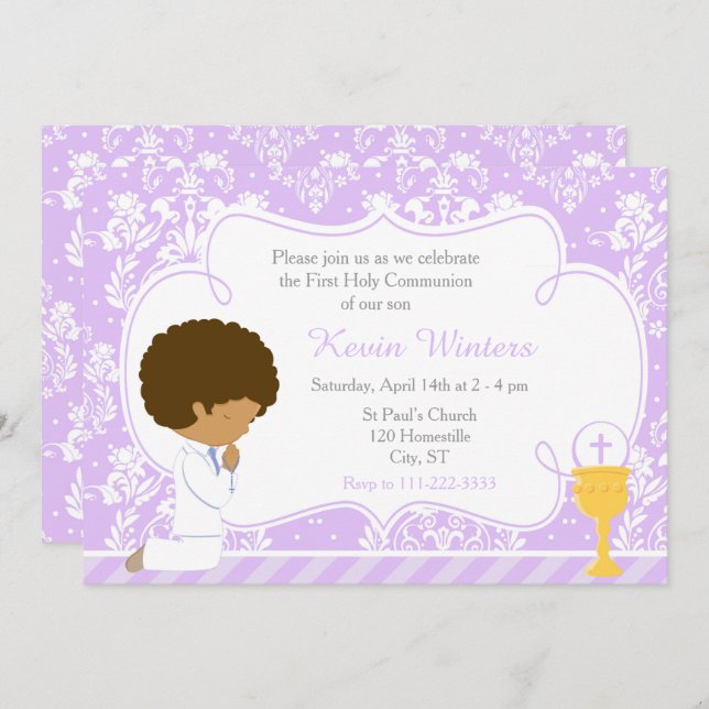 African American Boy First Communion Damask Invitation (Front/Back)