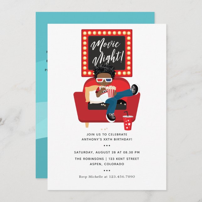 African American Boy Movie Night Sleepover Party Invitation (Front/Back)