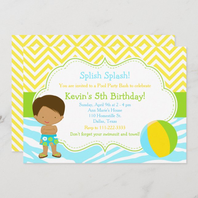 African American Boy Pool Party Bash Party Invitation (Front/Back)