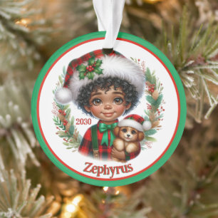 African American Boy Puppy Christmas Ornament