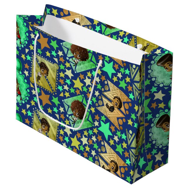 African American Boys and Geometric Shapes on Blue Large Gift Bag (Front Angled)