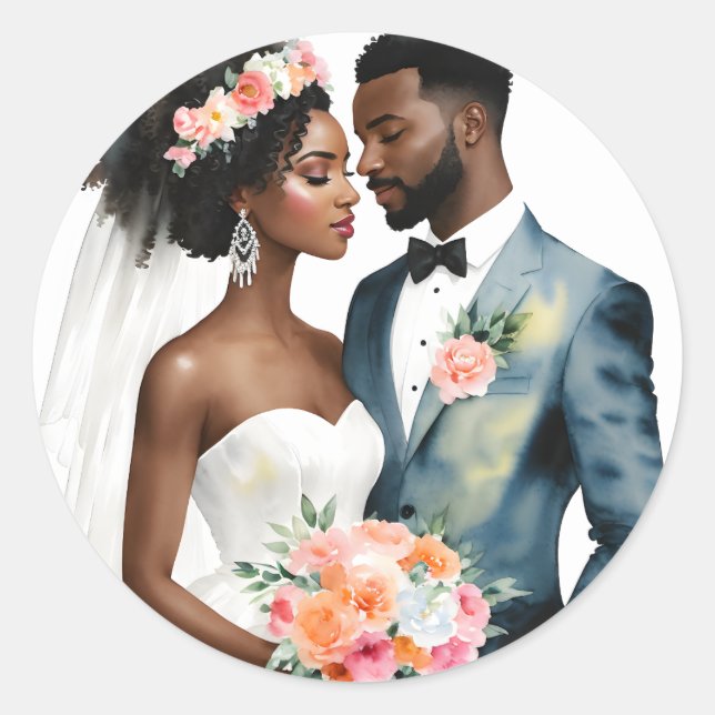 African American Bridal Couple Wedding Classic Round Sticker (Front)