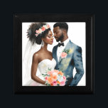 African American Bridal Couple Wedding Gift Box<br><div class="desc">Watercolor artwork features a beautiful brown-skinned couple as bride and groom. This melanated item has a peach and coral colour scheme with floral accents.</div>
