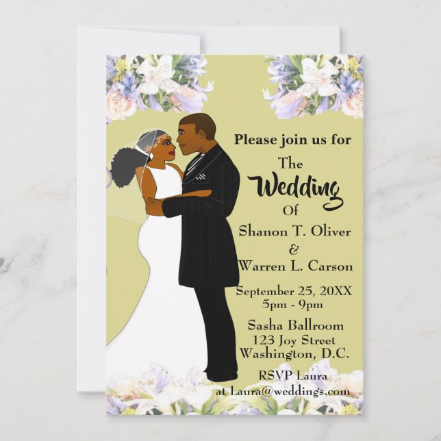 African American Bride & Groom Floral Wedding  Invitation (Front)