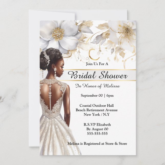 African american bride white gold flowers bridal  invitation (Front)