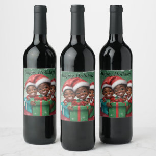 African American Christmas Elfs Wine Label