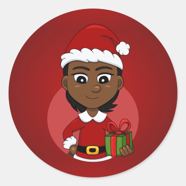 African American Christmas girl with short hair Classic Round Sticker (Front)