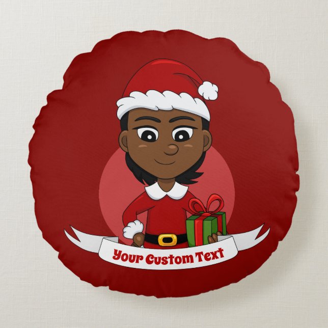 African American Christmas girl with short hair Round Cushion (Front)