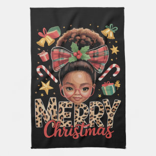 African American Christmas Messy Bun Black Mom  Tea Towel