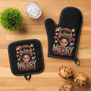 African American Christmas Messy Bun Black Mum  Oven Mitt & Pot Holder Set
