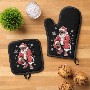 African American Christmas Pajama Xmas Afro Santa  Oven Mitt & Pot Holder Set