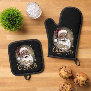 African American Christmas Pyjamas Santa Claus Oven Mitt & Pot Holder Set