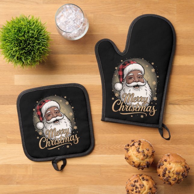 African American Christmas Pyjamas Santa Claus  Oven Mitt & Pot Holder Set (Top Down)