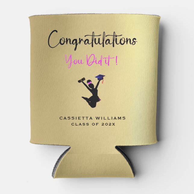 African American Congrats Gold Graduation Party Can Cooler (Front)