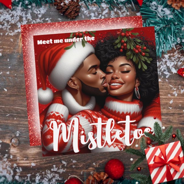 African American Couple Christmas Mistletoe Kiss Holiday Card (African American Couple Christmas Mistletoe Kiss Holiday Card)