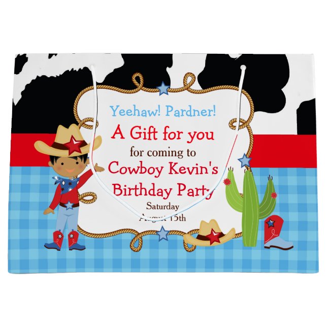 African American Cowboy Western Birthday Thank You Large Gift Bag (Front)