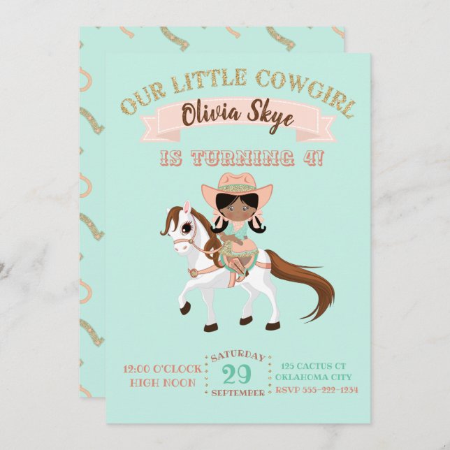 African American Cowgirl on Horse Girls Birthday Invitation (Front/Back)