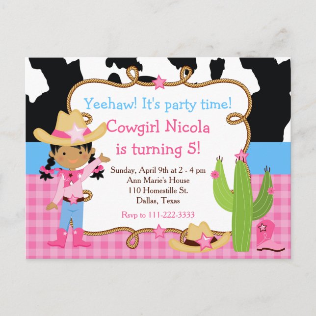 African American Cowgirl Western Birthday Party Postcard (Front)