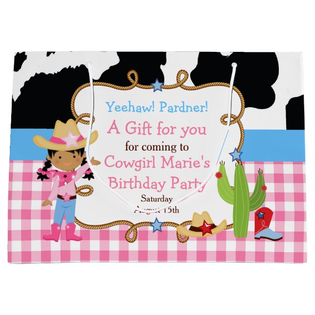 African American Cowgirl Western Thank You Large Gift Bag (Front)