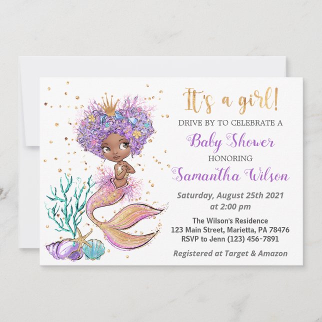 African American Cute Mermaid Baby Shower Invitation (Front)
