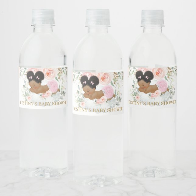 African American Cute Puff Baby Shower Birthday Water Bottle Label (Bottles)