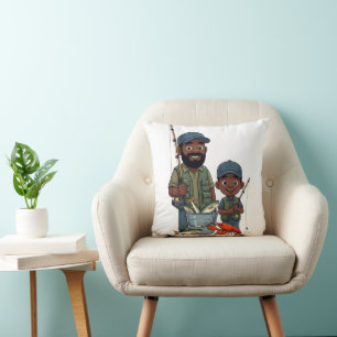African American Dad and Son Fishing Cushion