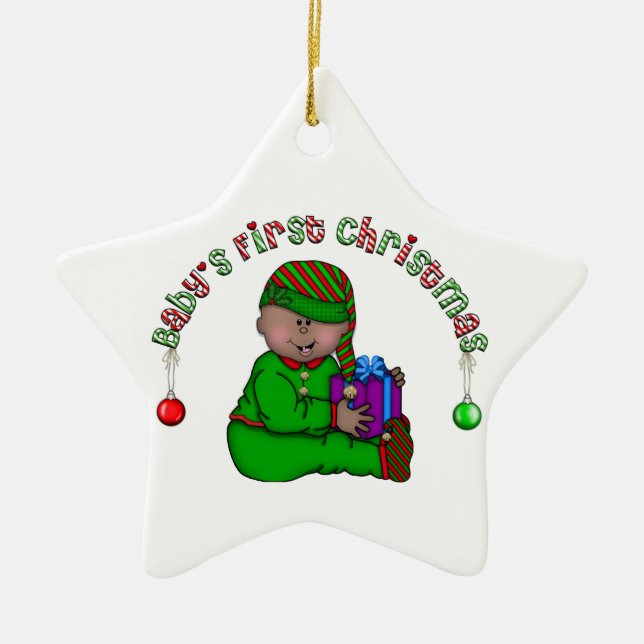 African American Elf Baby 1st Christmas Ornament (Front)