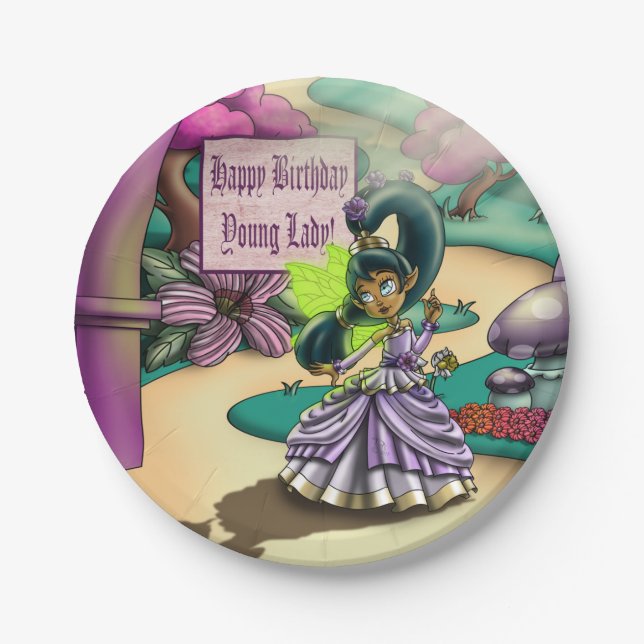 African American Fairy and Anemones Birthday Paper Plate (Front)