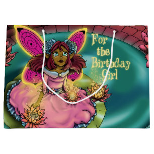 African American Fairy and Water Lilies Birthday Large Gift Bag