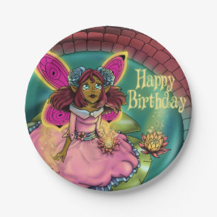 African American Fairy and Water Lilies Birthday Paper Plate