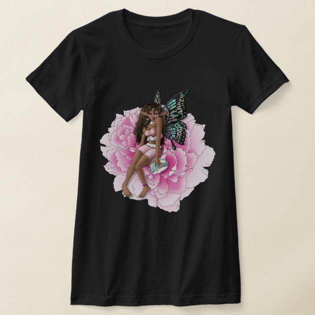 African American Fairy on Pink Flower T-Shirt (Laydown)