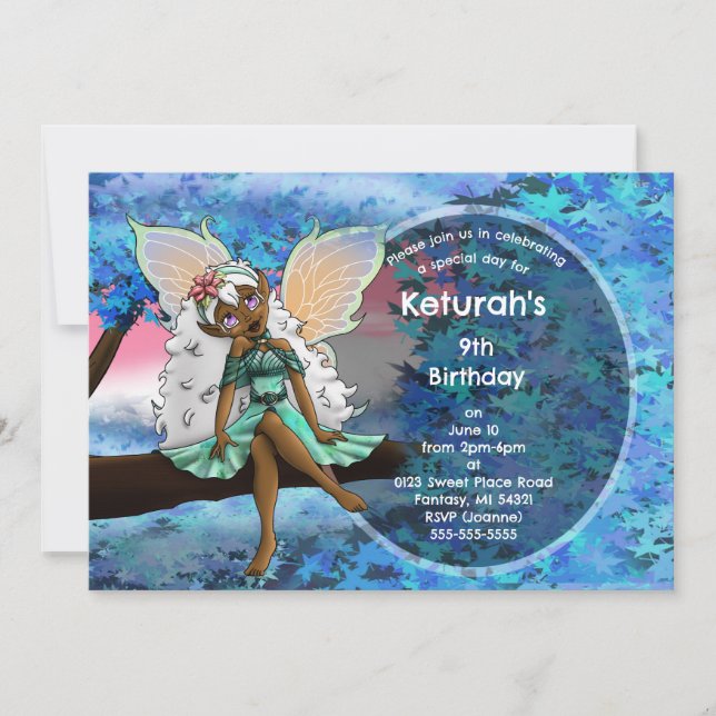 African American Fairy on Tree Birthday Party Invitation (Front)