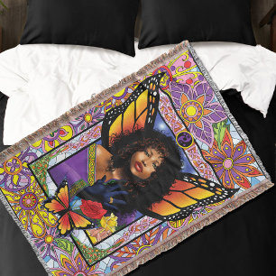 African American fairy with monarch butterfly wing Throw Blanket