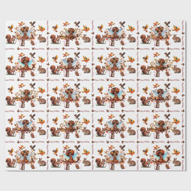 African American Fantasy Woodland Animals Birthday Wrapping Paper (Flat)