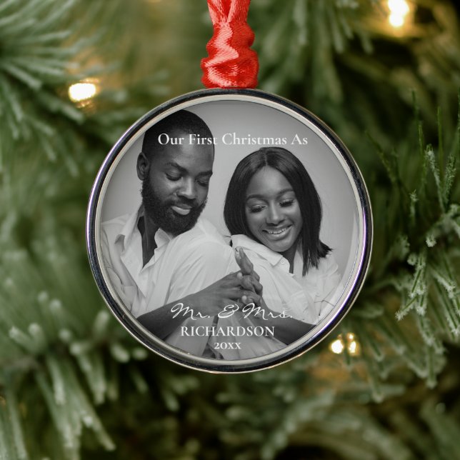 African American First Christmas as Mr & Mrs Photo Metal Tree Decoration (Tree)