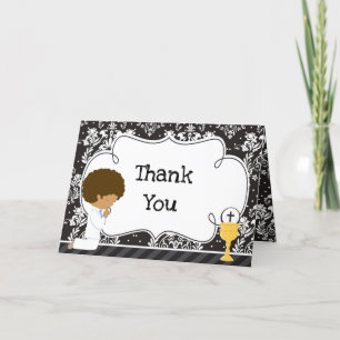 African American First Communion Damask Thank You Card
