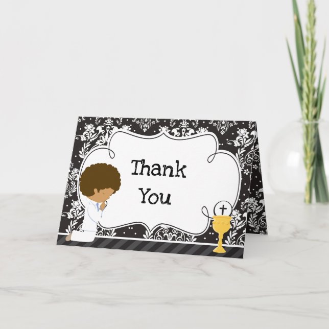 African American First Communion Damask Thank You Card (Front)