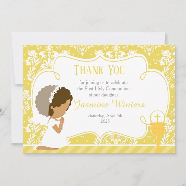 African American First Communion Damask Thank You Card (Front)