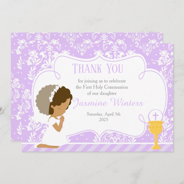 African American First Communion Damask Thank You Card (Front/Back)