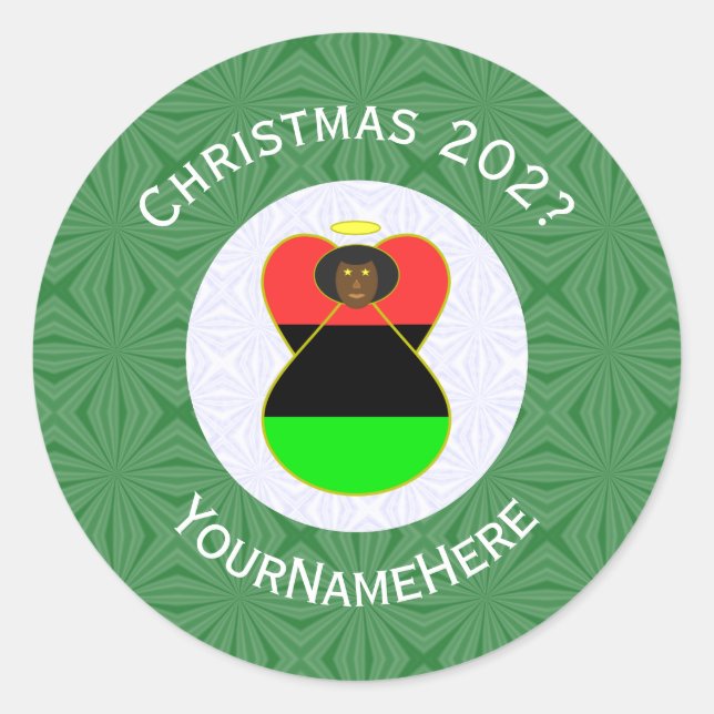 African American Flag Christmas Angel Personalise Classic Round Sticker (Front)