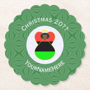 African American Flag Christmas Angel Personalised Paper Coaster
