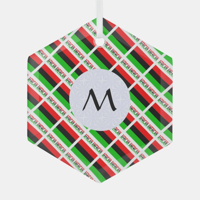 African American Flag Tiled Initial Hexagon Glass Tree Decoration (Front)
