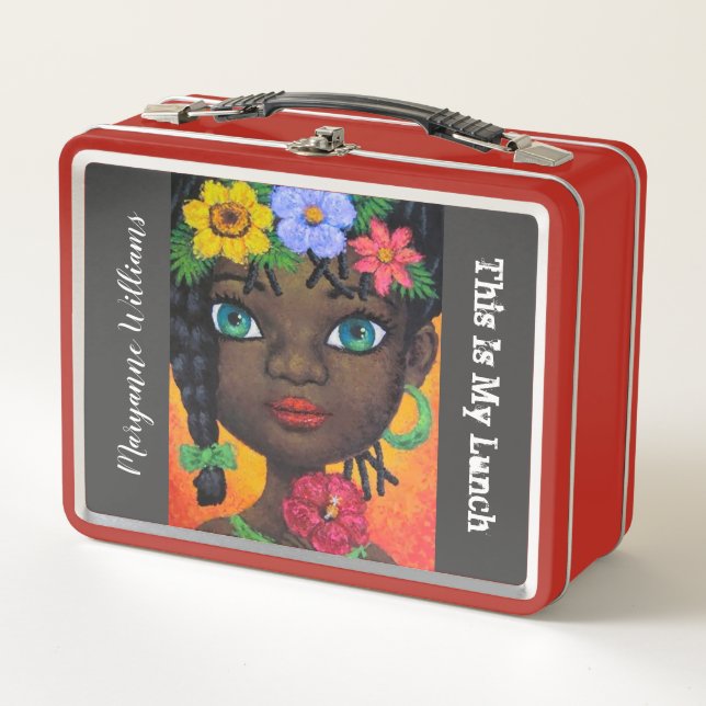 African American Girl Afro Floral Garland Add Name Metal Lunch Box (Front)