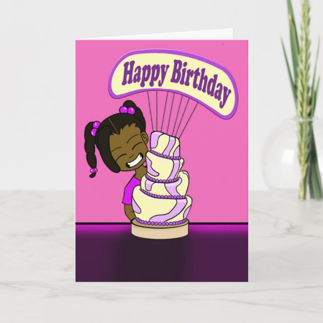 African American Girl and Cake Birthday Card (Front)