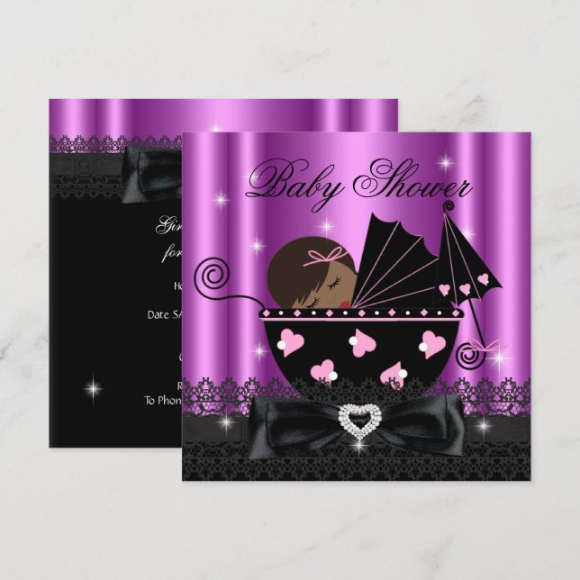 African American Girl Baby Shower Party Pink Invitation (Front/Back)