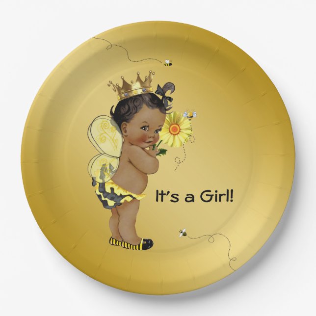 African American Girl Bee Baby Shower Paper Plate (Front)