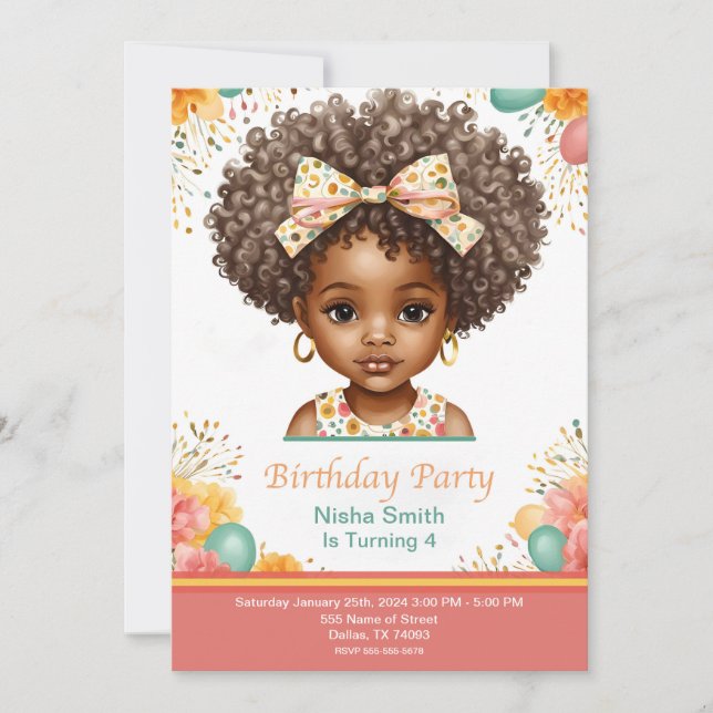 African American Girl Birthday Invitations  (Front)