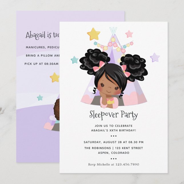African American Girl Birthday Slumber Party Invitation (Front/Back)